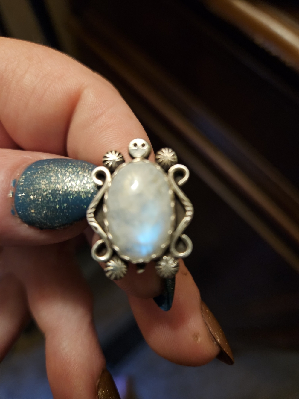 Moonstone Silver Statement Ring - White/Blue Moonstone